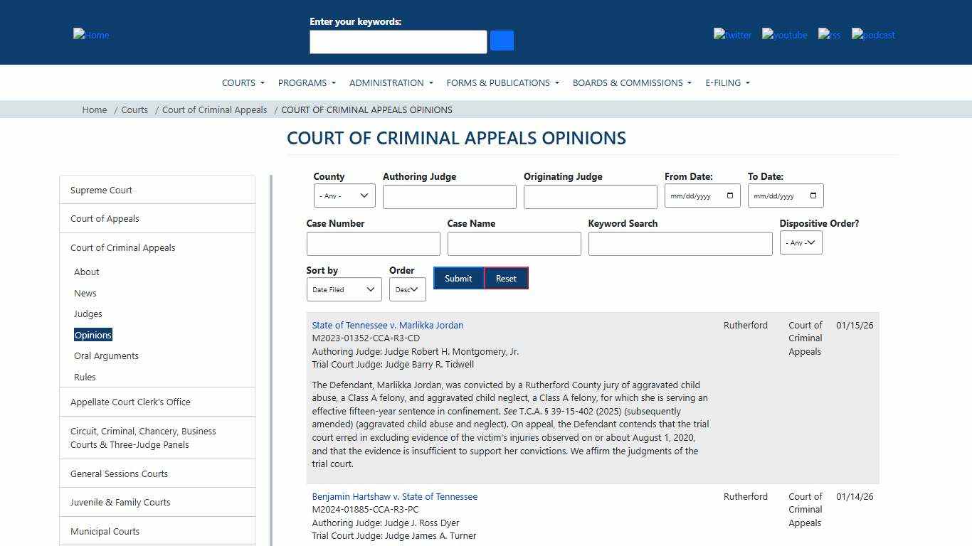 COURT OF CRIMINAL APPEALS OPINIONS | Tennessee Administrative Office of the Courts